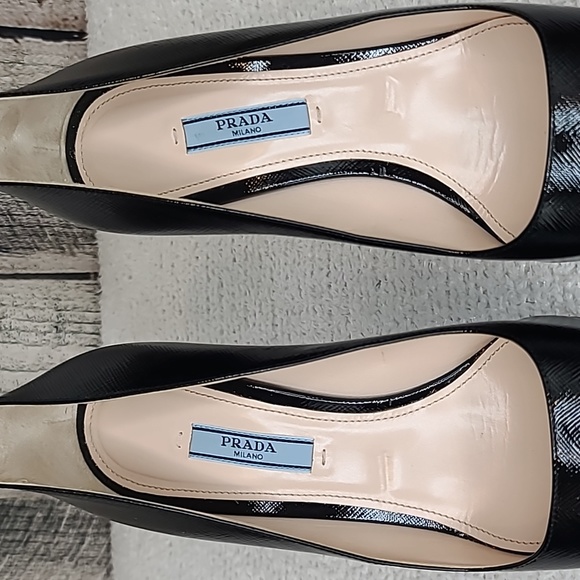 Prada Saffiano Vernice Textured Leather Pointy Toe Stiletto Pumps in Black - Picture 4 of 17